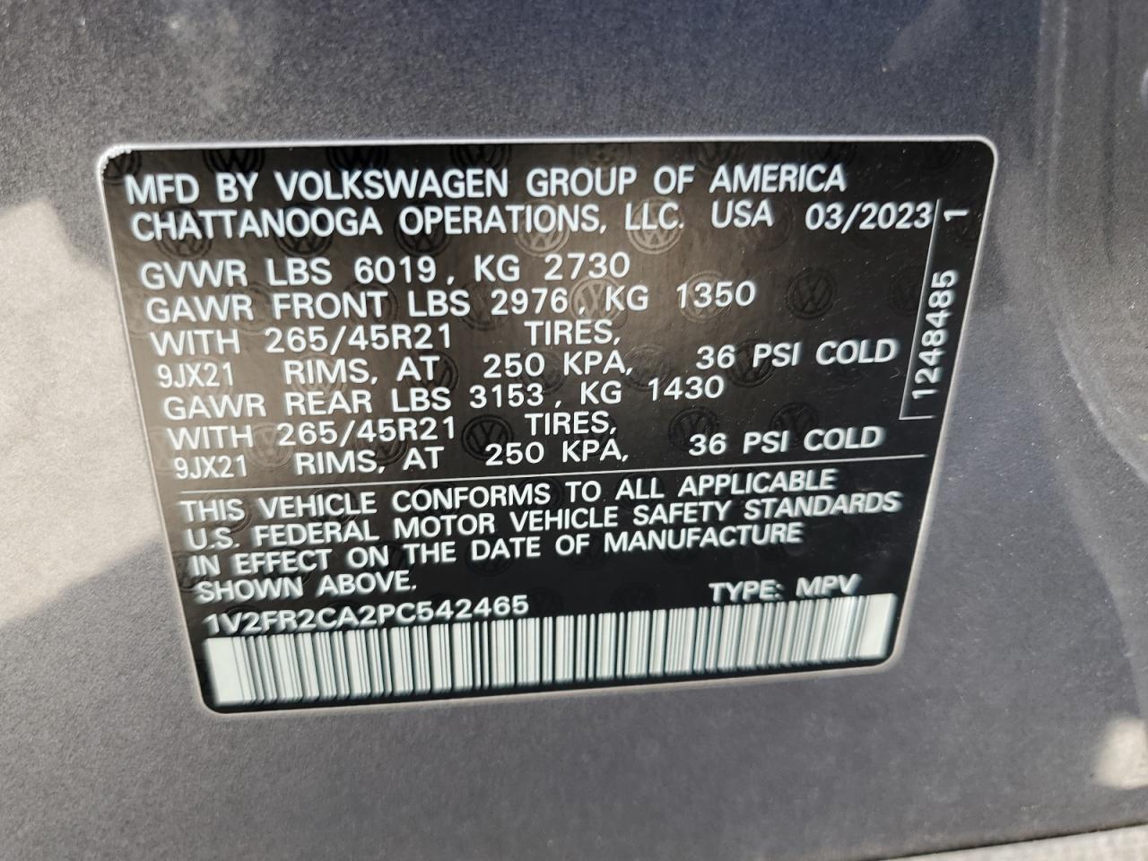 1V2FR2CA2PC542465 2023 Volkswagen Atlas Sel Premium R-Line