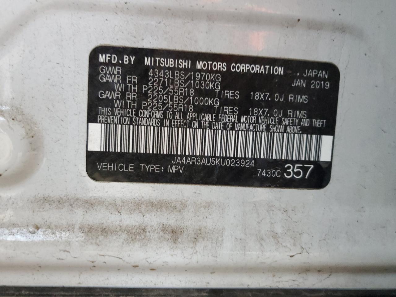 JA4AR3AU5KU023924 2019 Mitsubishi Outlander Sport Es