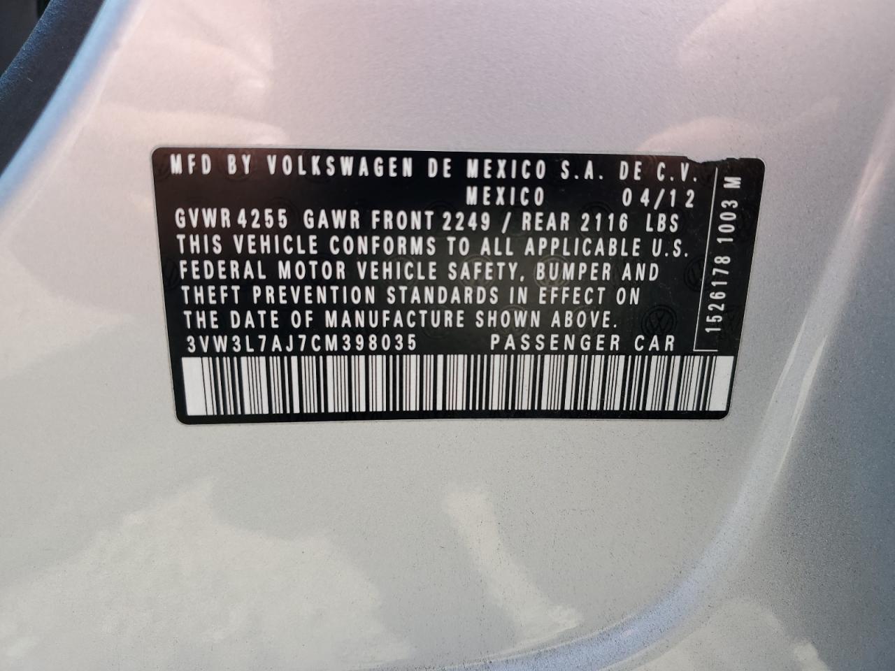 3VW3L7AJ7CM398035 2012 Volkswagen Jetta Tdi