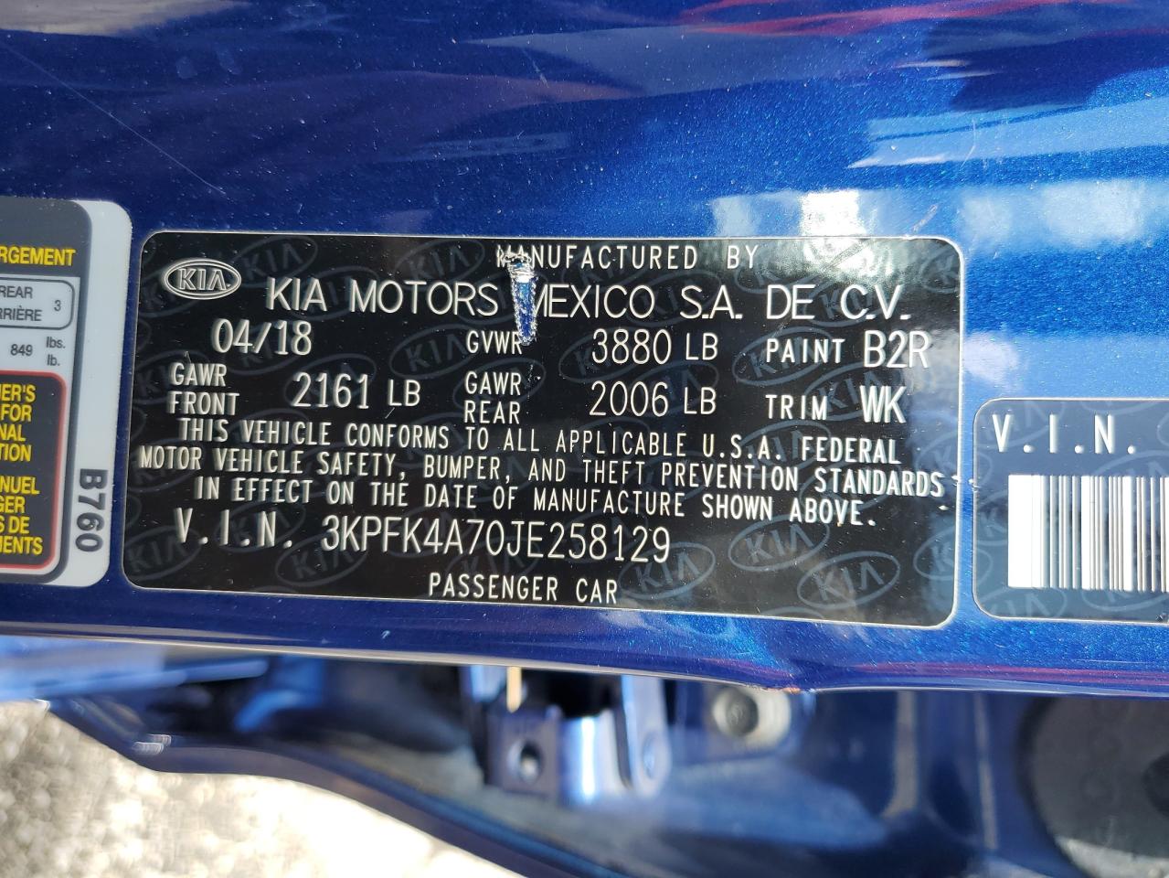 3KPFK4A70JE258129 2018 Kia Forte Lx