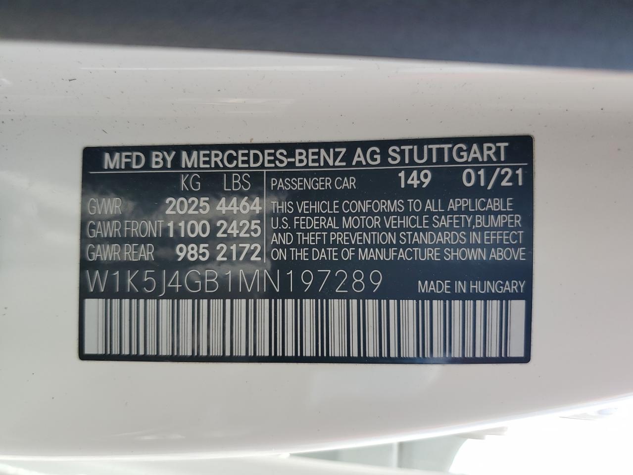 W1K5J4GB1MN197289 2021 Mercedes-Benz Cla 250