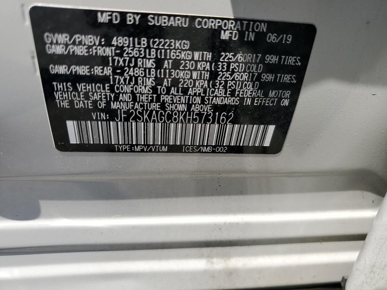 JF2SKAGC8KH573162 2019 Subaru Forester Premium