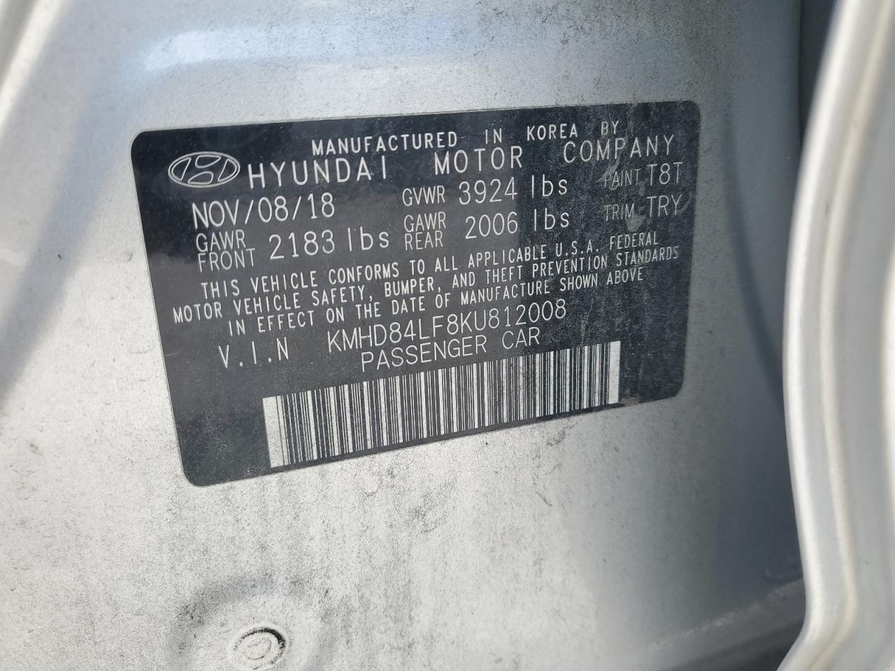 KMHD84LF8KU812008 2019 Hyundai Elantra Sel