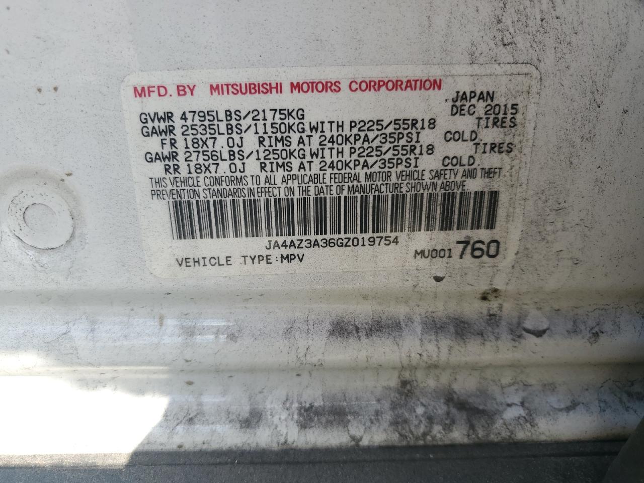 JA4AZ3A36GZ019754 2016 Mitsubishi Outlander Se