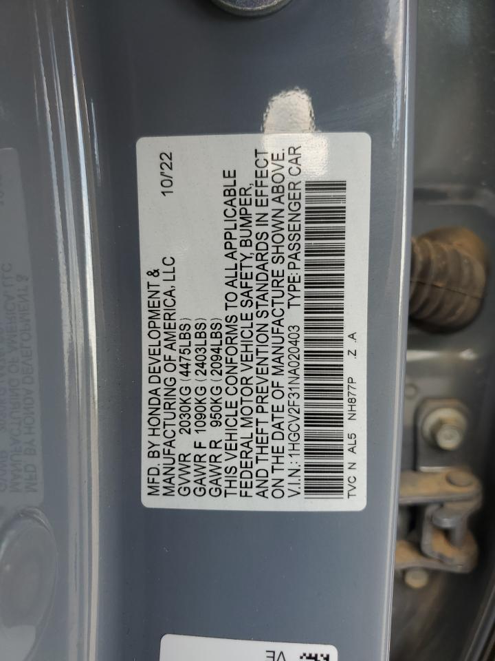 1HGCV2F31NA020403 2022 Honda Accord Sport