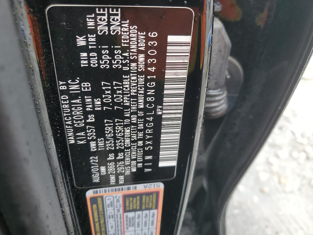 5XYRG4LC8NG143036 2022 Kia Sorento Lx