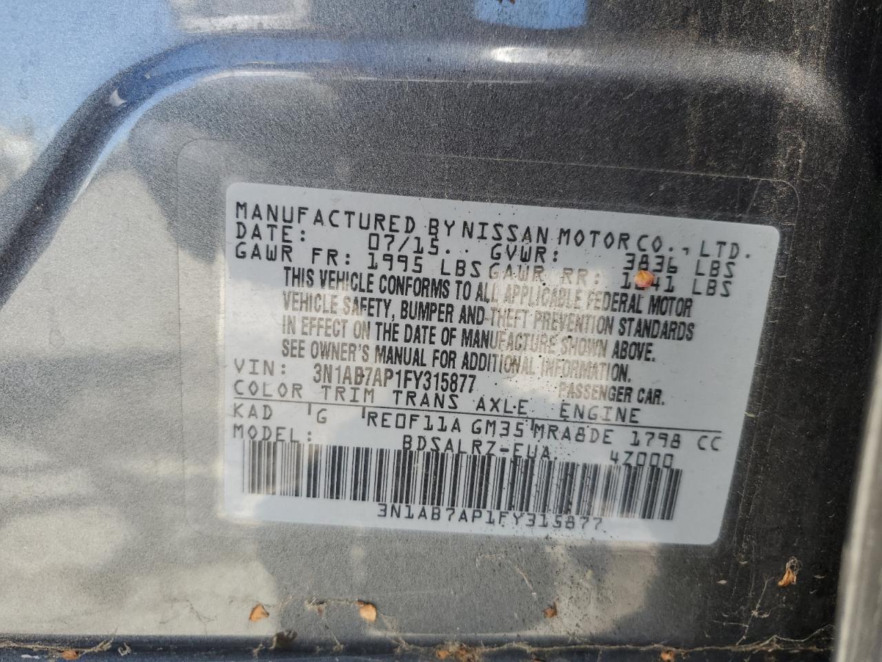 3N1AB7AP1FY315877 2015 Nissan Sentra S