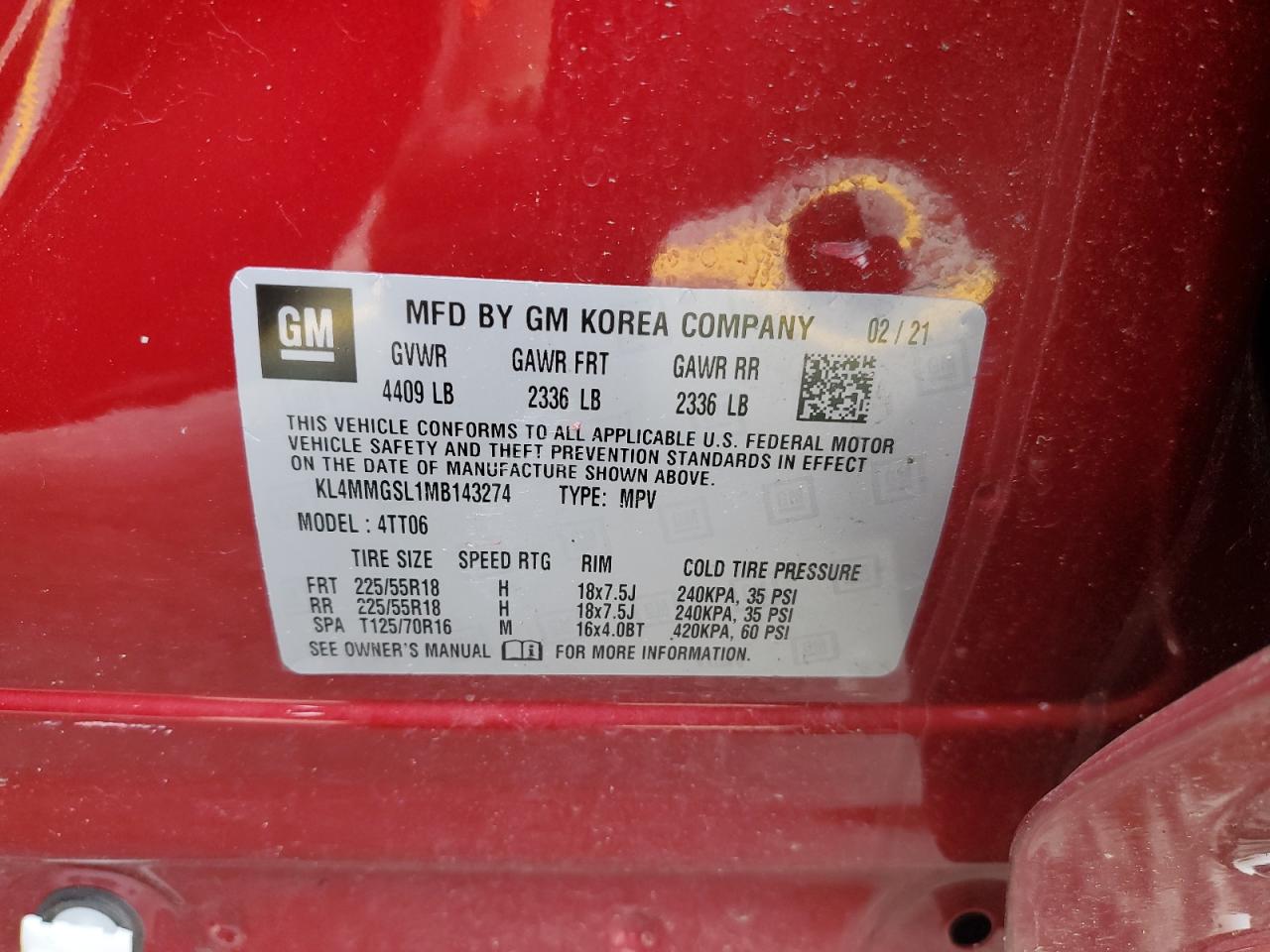 KL4MMGSL1MB143274 2021 Buick Encore Gx Essence