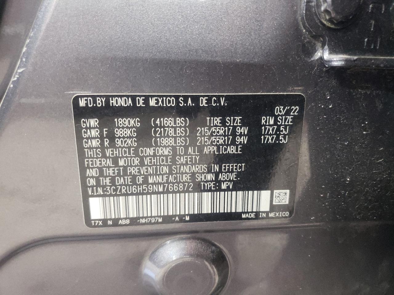 3CZRU6H59NM766872 2022 Honda Hr-V Ex