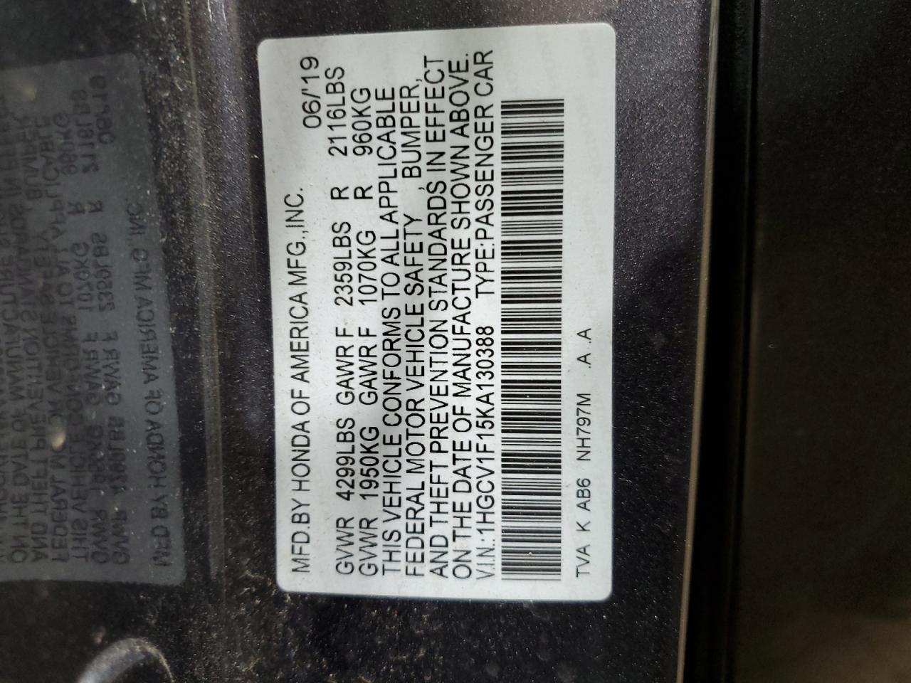 1HGCV1F15KA130388 2019 Honda Accord Lx