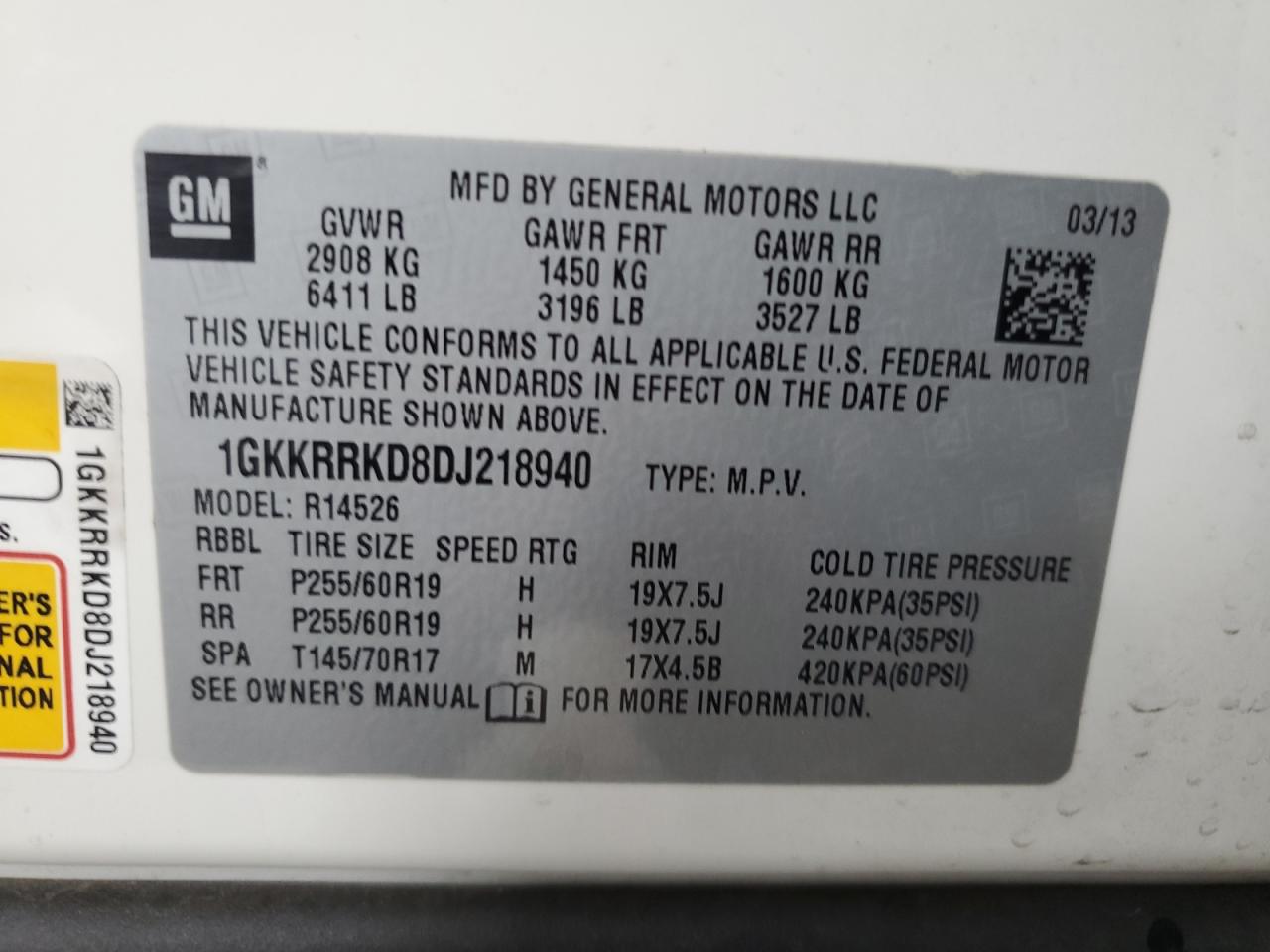 1GKKRRKD8DJ218940 2013 GMC Acadia Slt-1