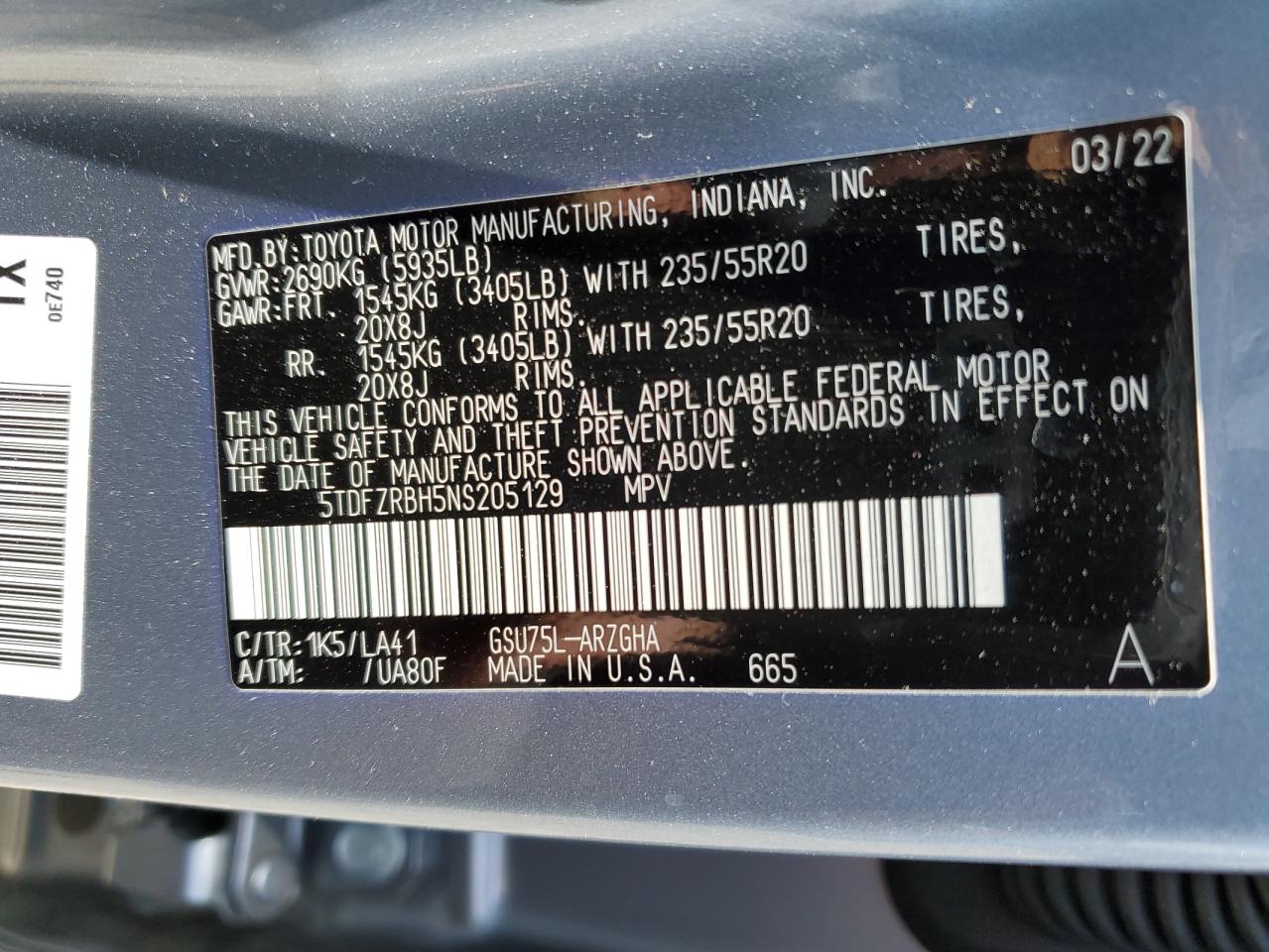 5TDFZRBH5NS205129 2022 Toyota Highlander Platinum