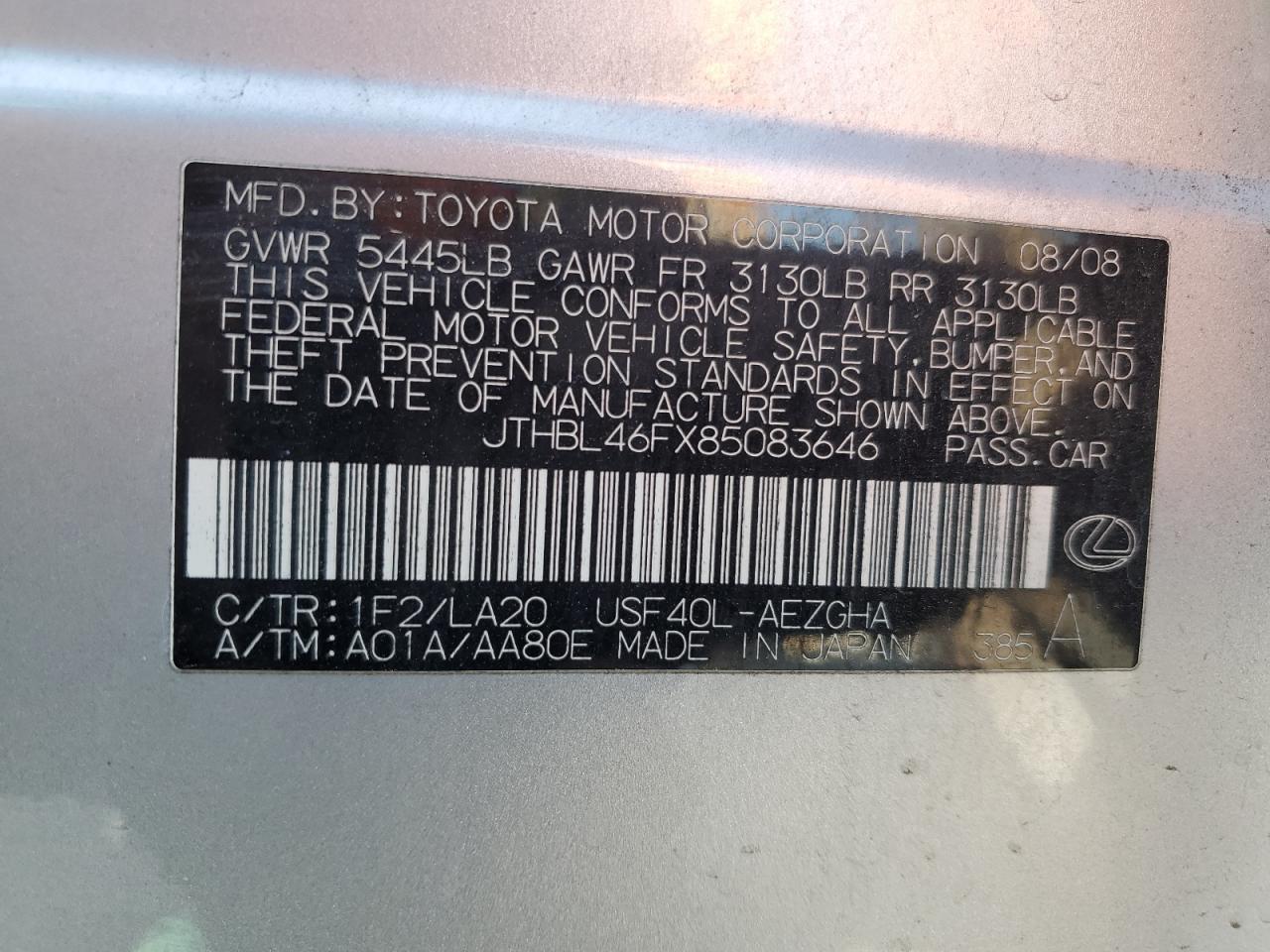 JTHBL46FX85083646 2008 Lexus Ls 460