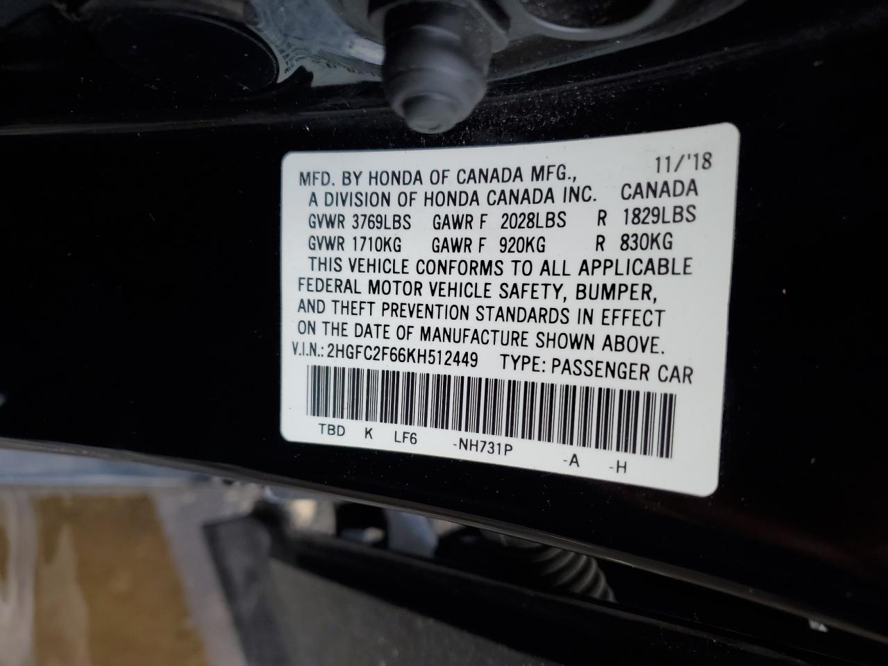 2HGFC2F66KH512449 2019 Honda Civic Lx