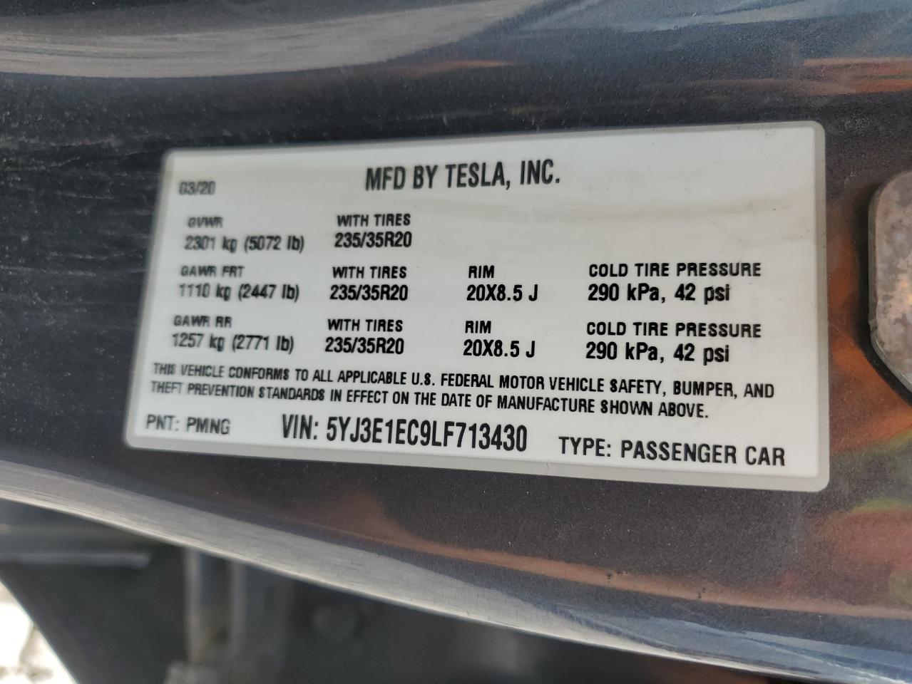 5YJ3E1EC9LF713430 2020 Tesla Model 3