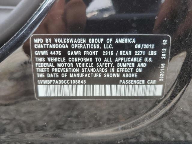 2012 Volkswagen Passat Se VIN: 1VWBP7A39CC108848 Lot: 59680344