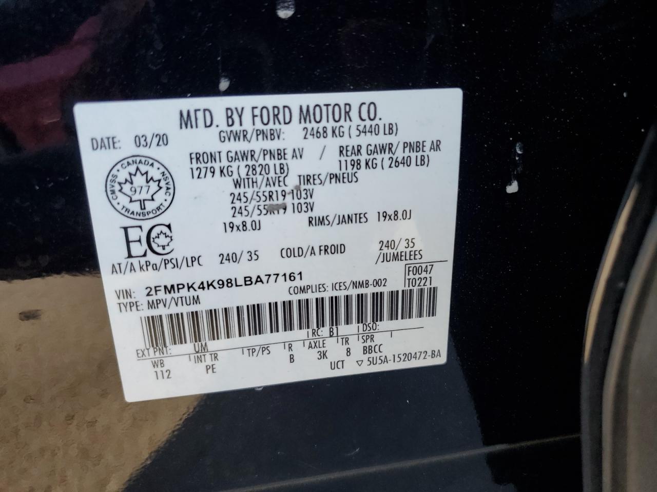 2FMPK4K98LBA77161 2020 Ford Edge Titanium