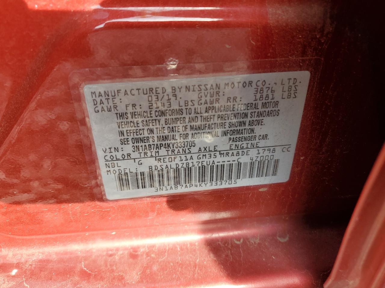 3N1AB7AP4KY333705 2019 Nissan Sentra S
