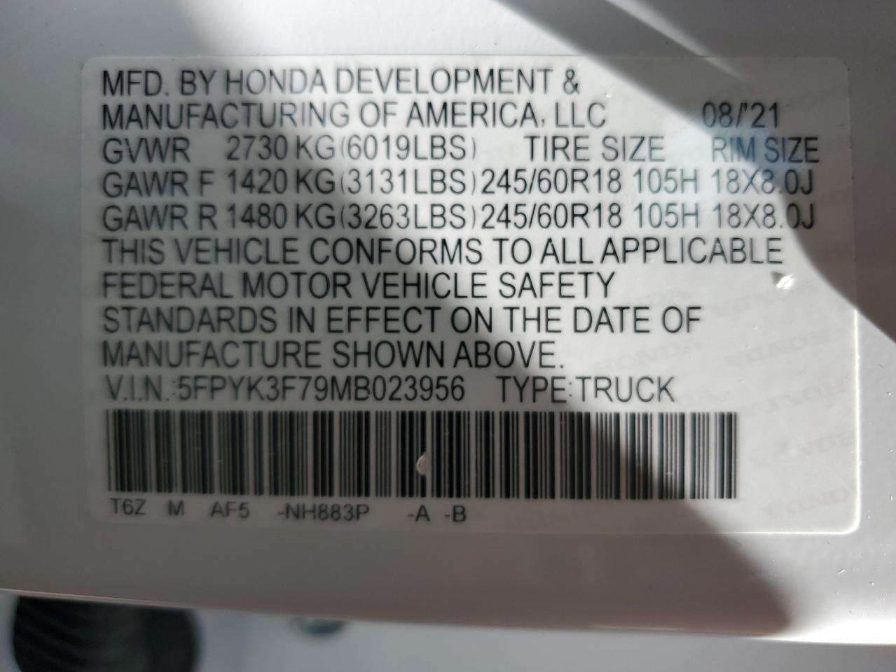 5FPYK3F79MB023956 2021 Honda Ridgeline Rtl