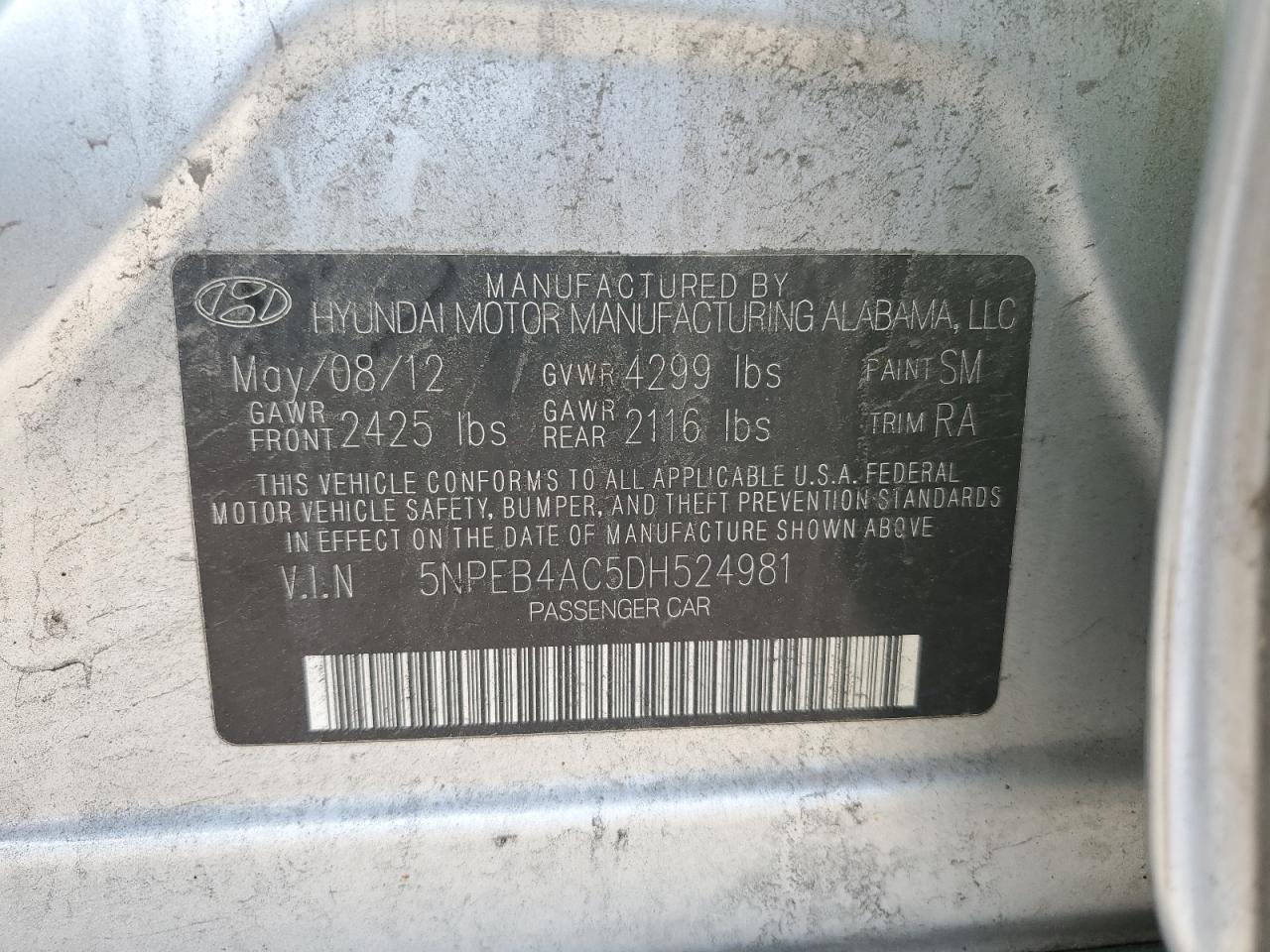 5NPEB4AC5DH524981 2013 Hyundai Sonata Gls