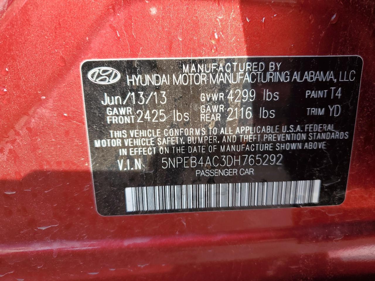 5NPEB4AC3DH765292 2013 Hyundai Sonata Gls
