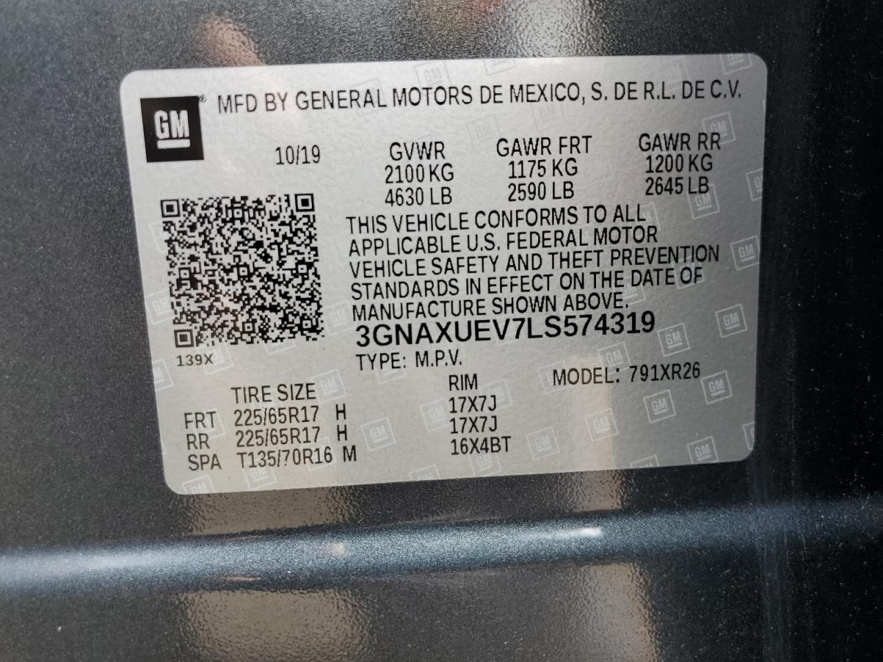 3GNAXUEV7LS574319 2020 Chevrolet Equinox Lt