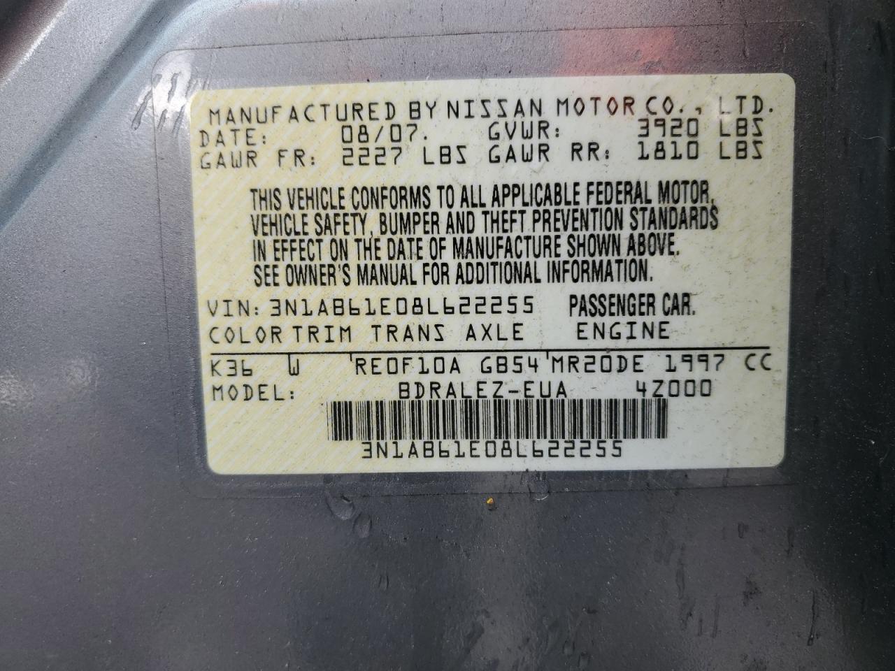 3N1AB61E08L622255 2008 Nissan Sentra 2.0