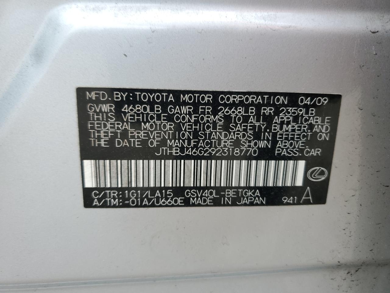 JTHBJ46G292318770 2009 Lexus Es 350