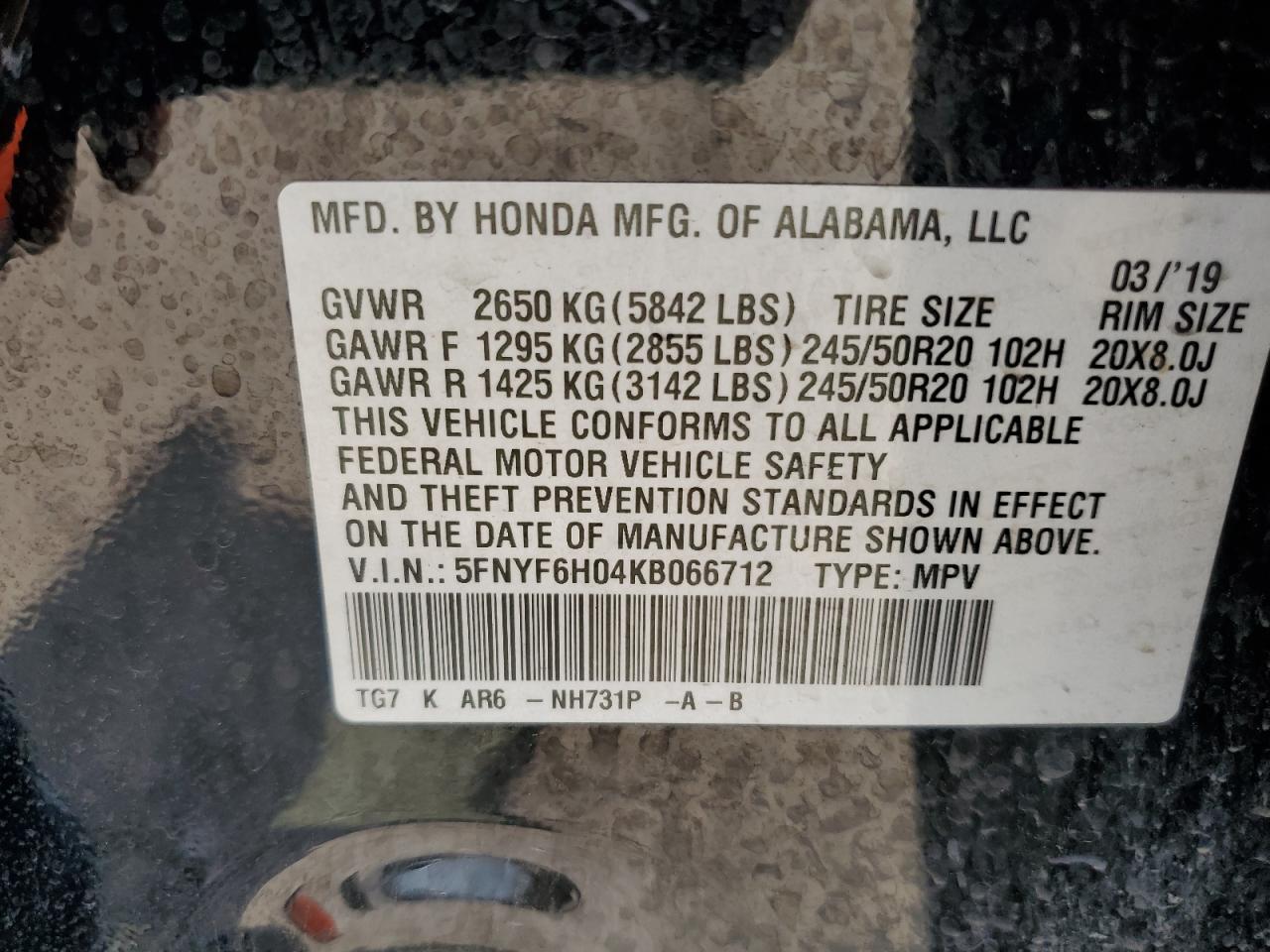 5FNYF6H04KB066712 2019 Honda Pilot Elite