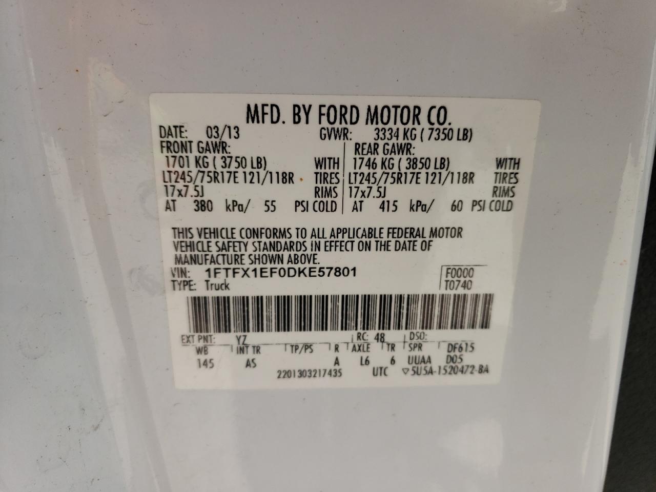 1FTFX1EF0DKE57801 2013 Ford F150 Super Cab