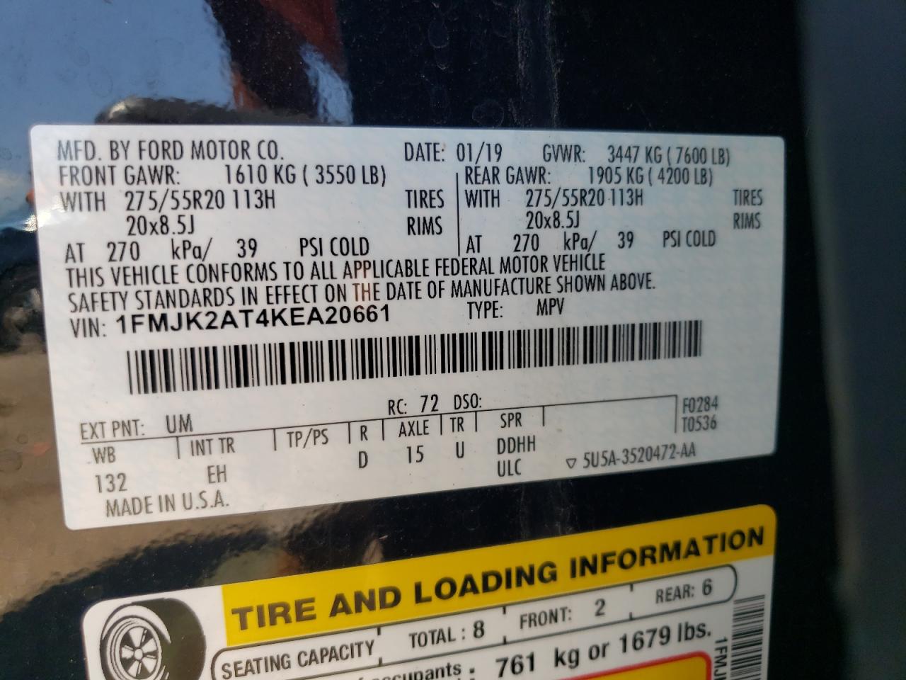 1FMJK2AT4KEA20661 2019 Ford Expedition Max Limited