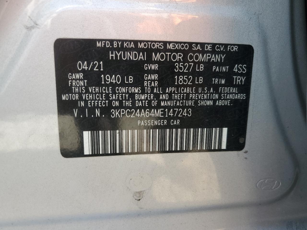 3KPC24A64ME147243 2021 Hyundai Accent Se