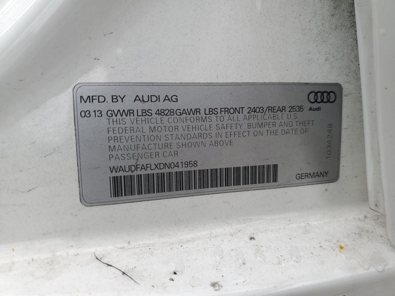 WAUDFAFLXDN041958 2013 Audi A4 Premium