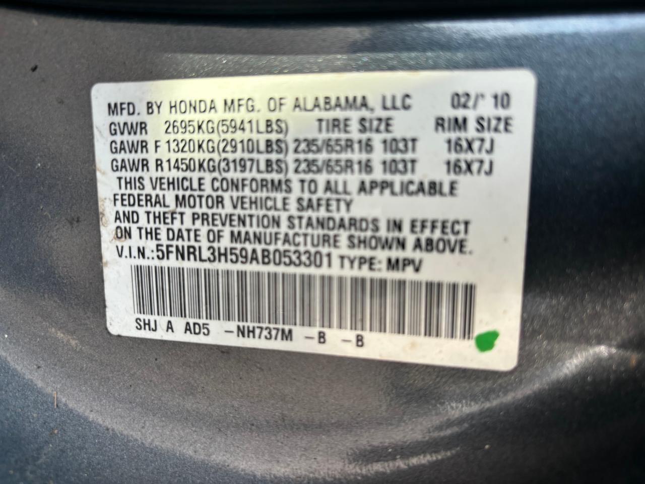 5FNRL3H59AB053301 2010 Honda Odyssey Ex