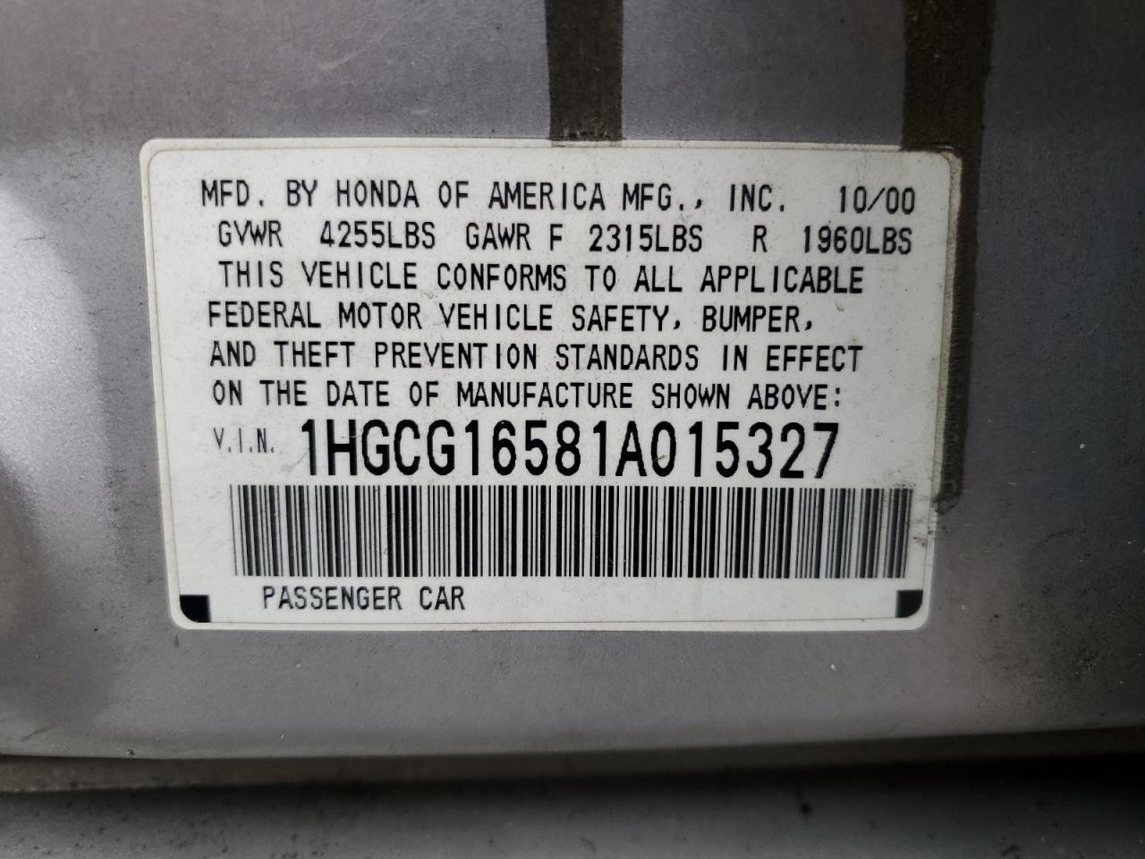 1HGCG16581A015327 2001 Honda Accord Ex