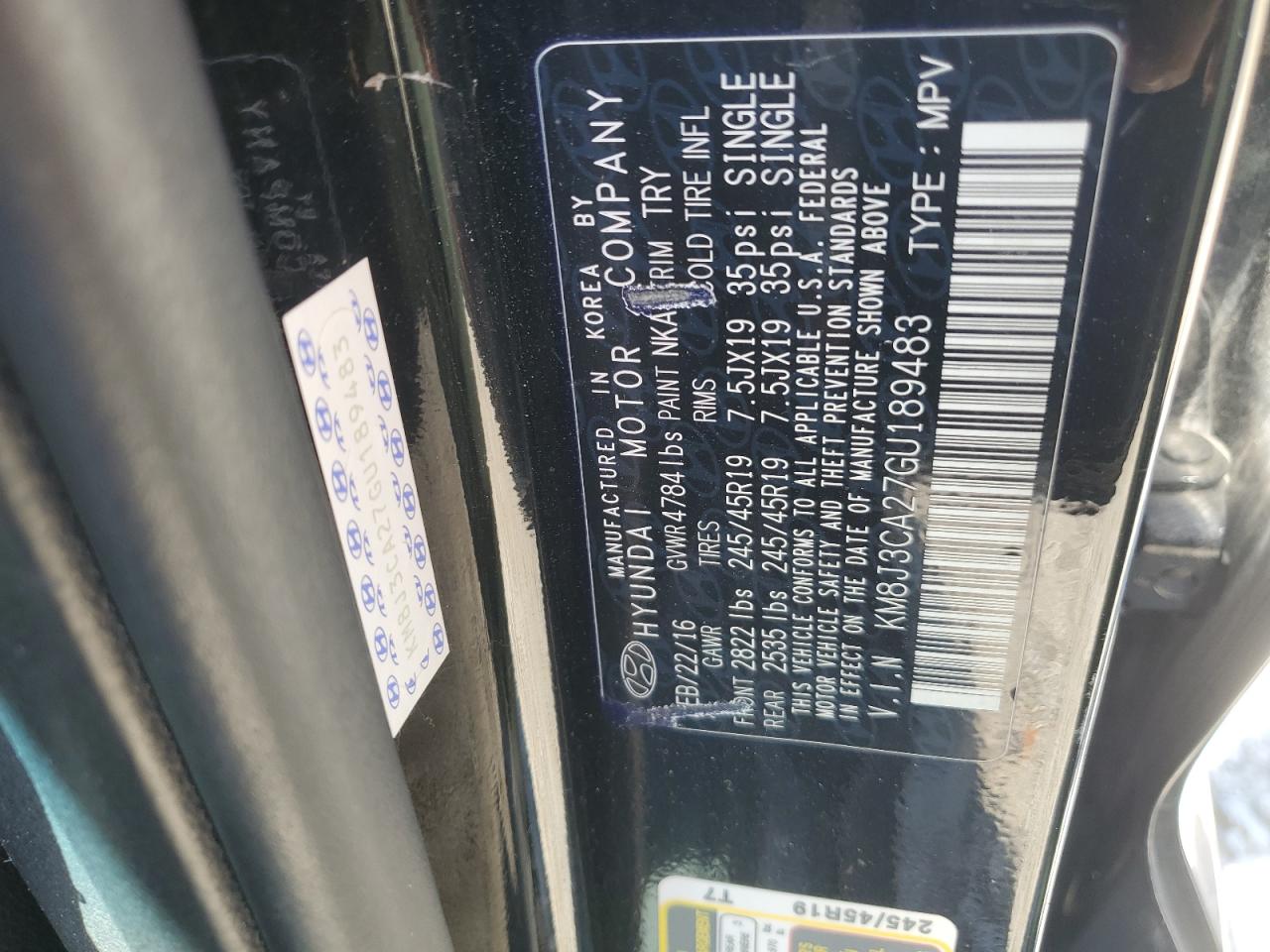 KM8J3CA27GU189483 2016 Hyundai Tucson Limited