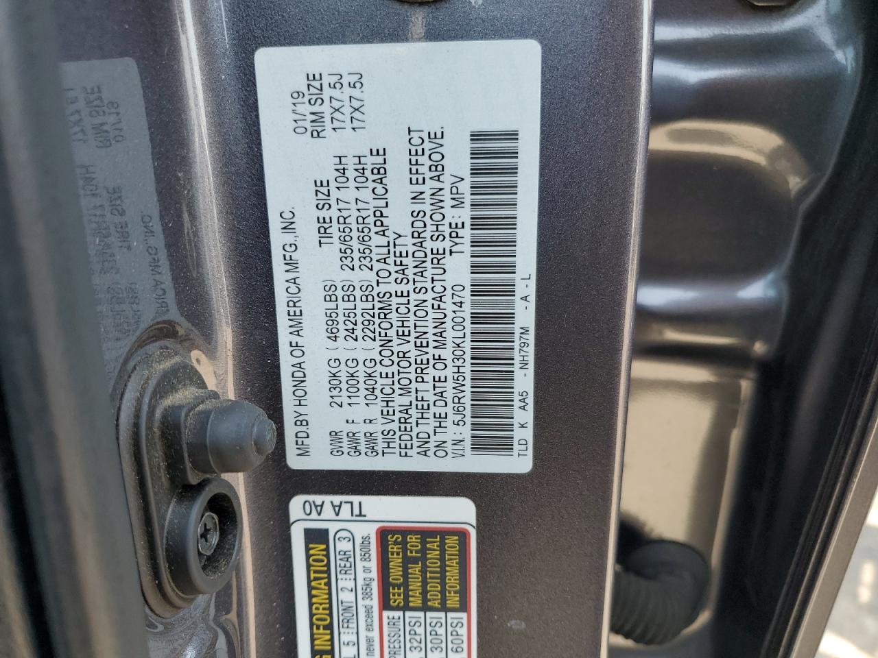 5J6RW5H30KL001470 2019 Honda Cr-V Lx