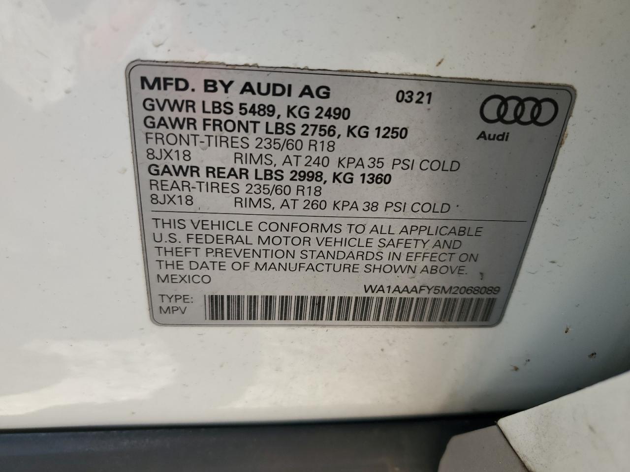 WA1AAAFY5M2068089 2021 Audi Q5 Premium