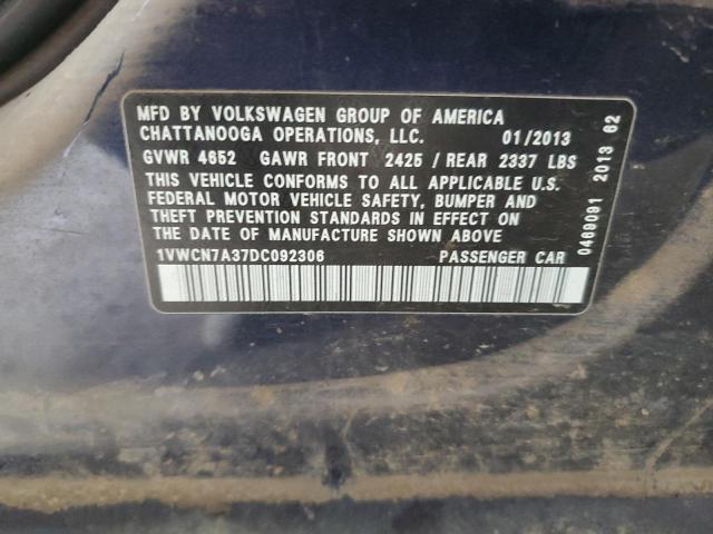 2013 Volkswagen Passat Sel VIN: 1VWCN7A37DC092306 Lot: 60593144