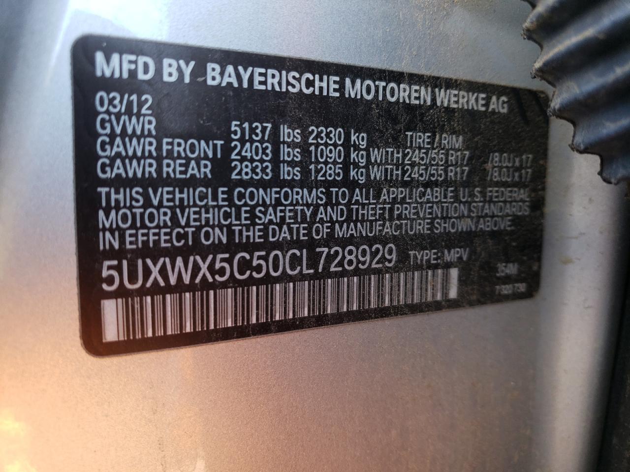 5UXWX5C50CL728929 2012 BMW X3 xDrive28I