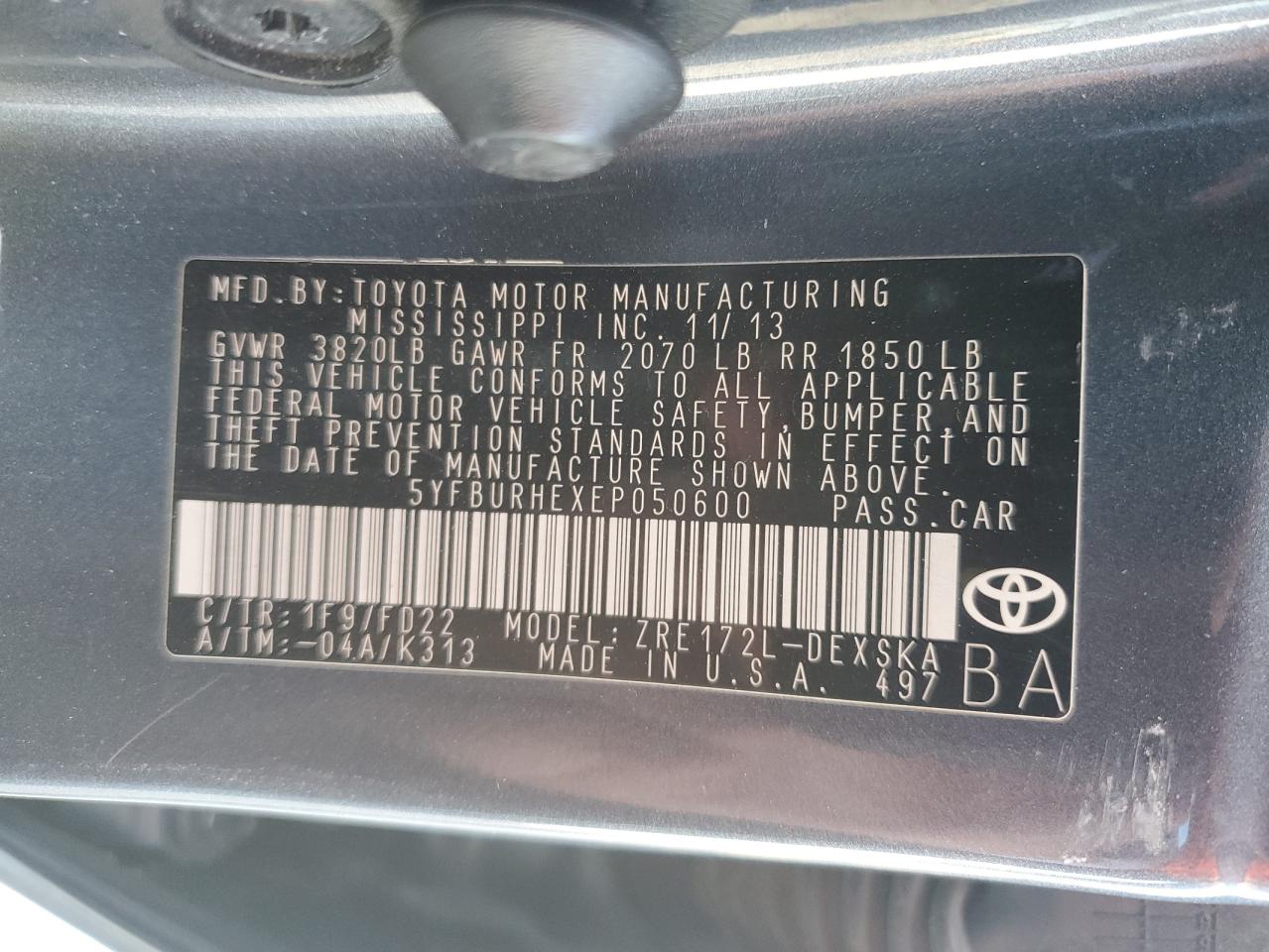 5YFBURHEXEP050600 2014 Toyota Corolla L