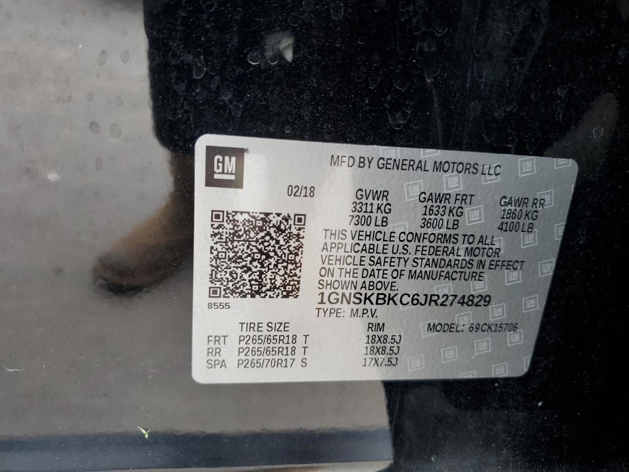 1GNSKBKC6JR274829 2018 Chevrolet Tahoe K1500 Lt