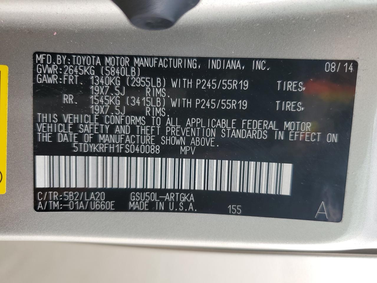 5TDYKRFH1FS040088 2015 Toyota Highlander Limited