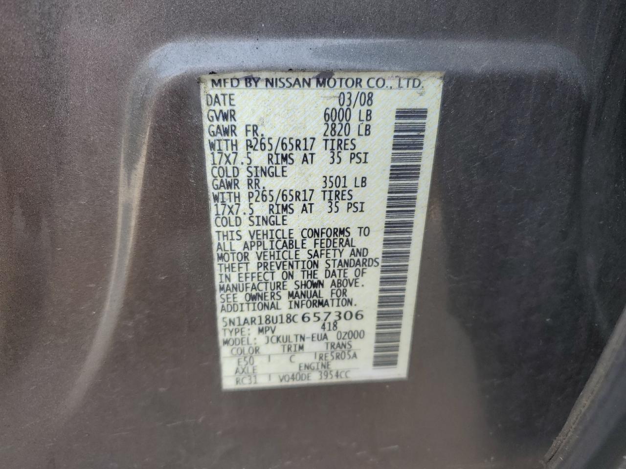 5N1AR18U18C657306 2008 Nissan Pathfinder S