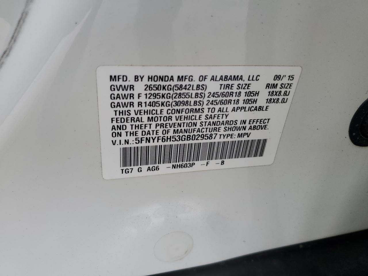 5FNYF6H53GB029587 2016 Honda Pilot Exl