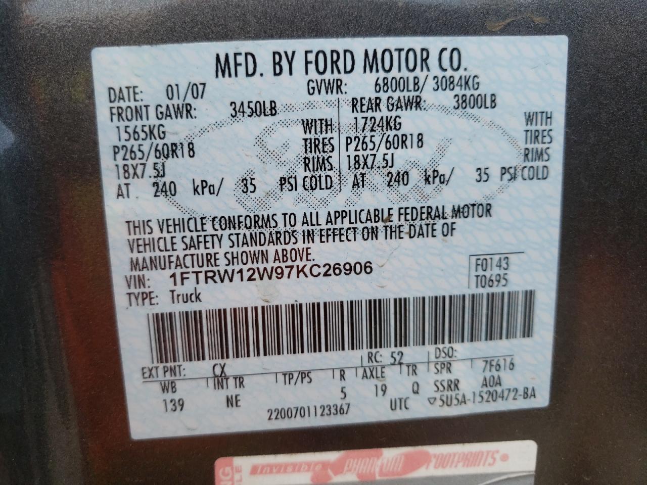 1FTRW12W97KC26906 2007 Ford F150 Supercrew