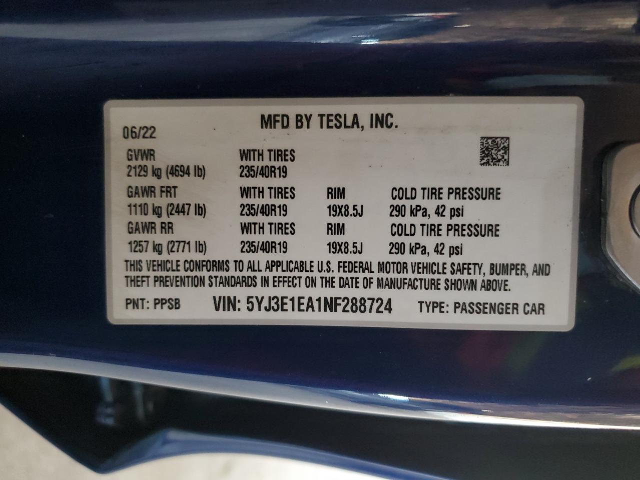 5YJ3E1EA1NF288724 2022 Tesla Model 3