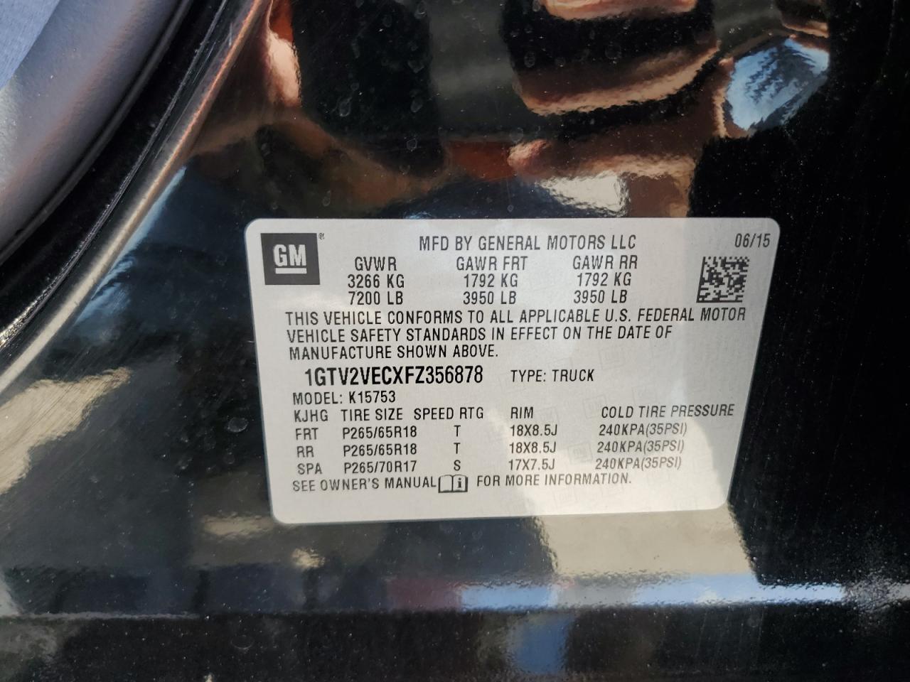 1GTV2VECXFZ356878 2015 GMC Sierra K1500 Slt