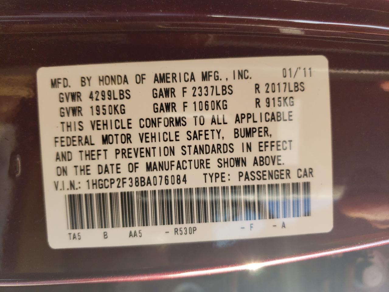 1HGCP2F38BA076084 2011 Honda Accord Lx