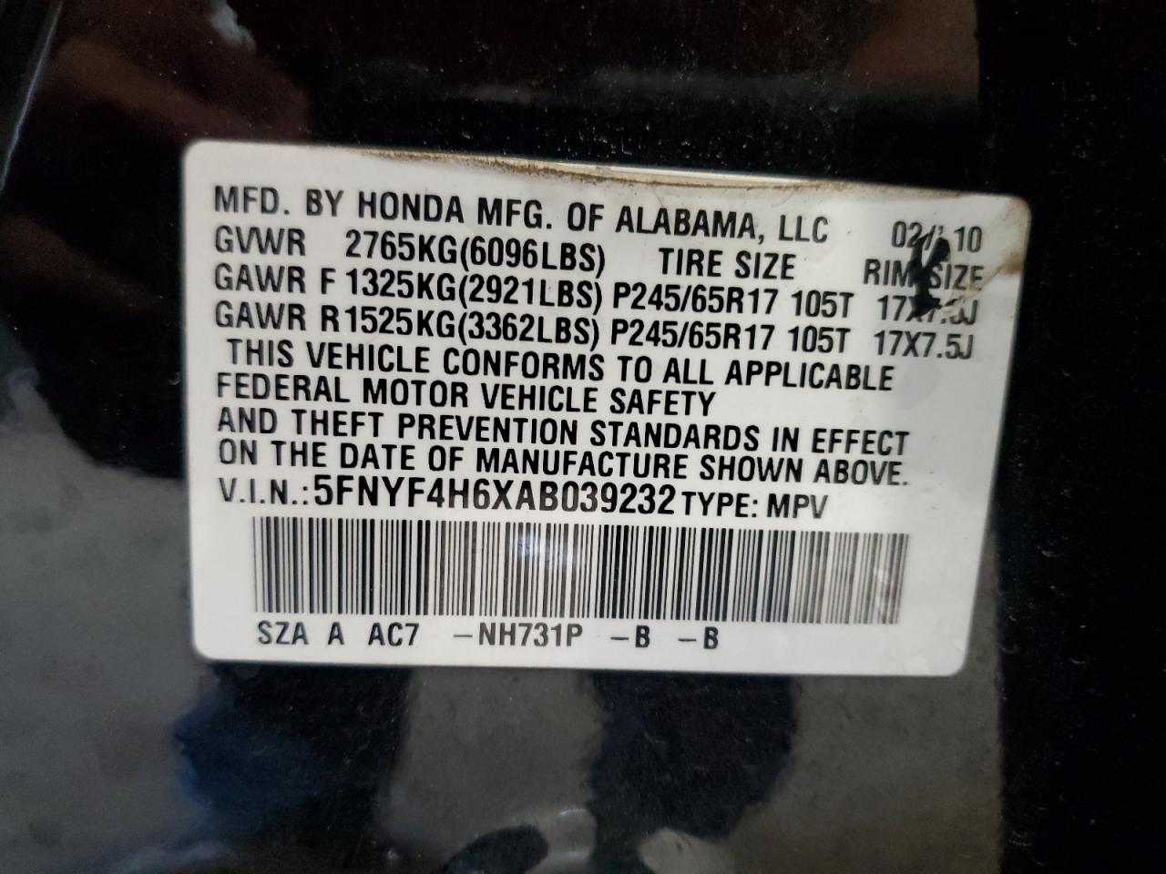 5FNYF4H6XAB039232 2010 Honda Pilot Exl
